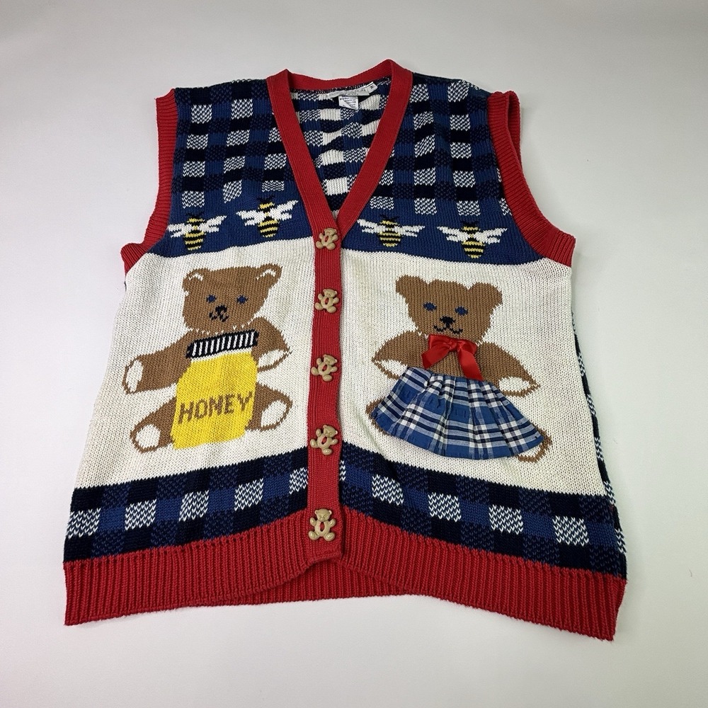 Sweater Loft Womens Medium Sweater Vest Bears Bees Honey Bear buttons Vintage